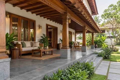 AI-generated outdoor concept: wraparound house verandah, teak craft direction