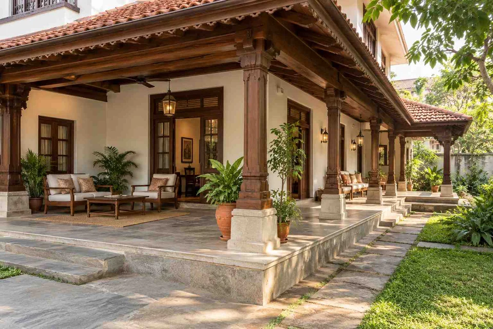 AI-generated outdoor concept: wraparound house verandah, terracotta heritage direction