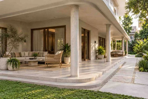 AI-generated outdoor concept: wraparound house verandah, textured mineral direction