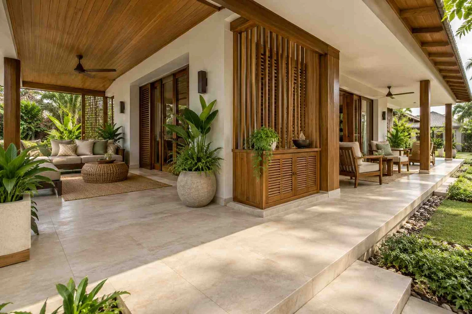 AI-generated outdoor concept: wraparound house verandah, tropical slatted direction