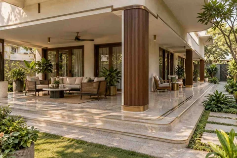 AI-generated outdoor concept: wraparound house verandah, urban deco direction