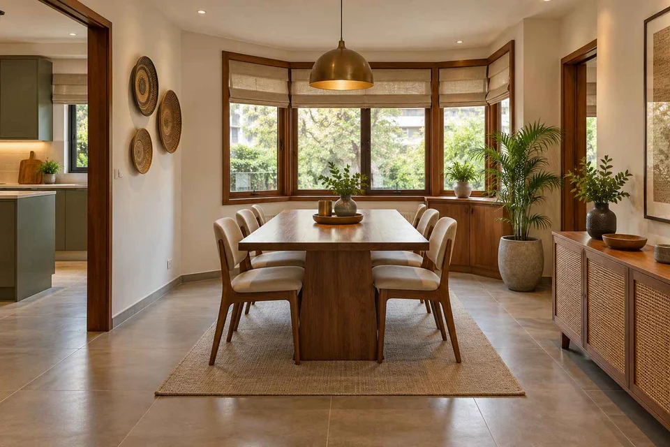 AI-generated dining-room concept: angled-bay dining, adaptable everyday dining direction
