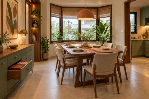 AI-generated dining-room concept: angled-bay dining, board-game supper direction