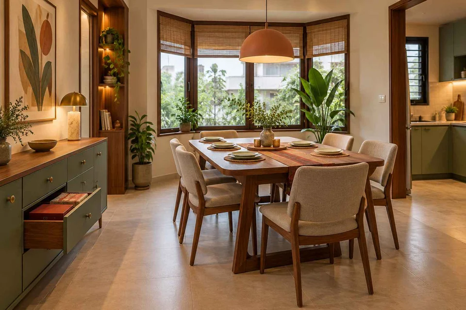 AI-generated dining-room concept: angled-bay dining, board-game supper direction