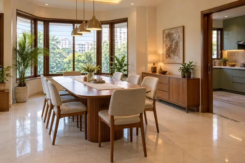AI-generated dining-room concept: angled-bay dining, children's everyday meals direction