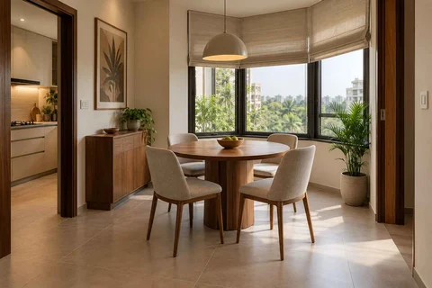 AI-generated dining-room concept: angled-bay dining, clear-table daily reset direction