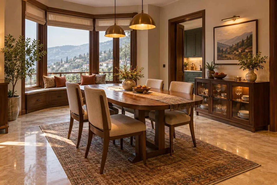 AI-generated dining-room concept: angled-bay dining, cool-season family table direction
