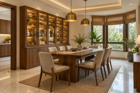 AI-generated dining-room concept: angled-bay dining, crockery collection display direction