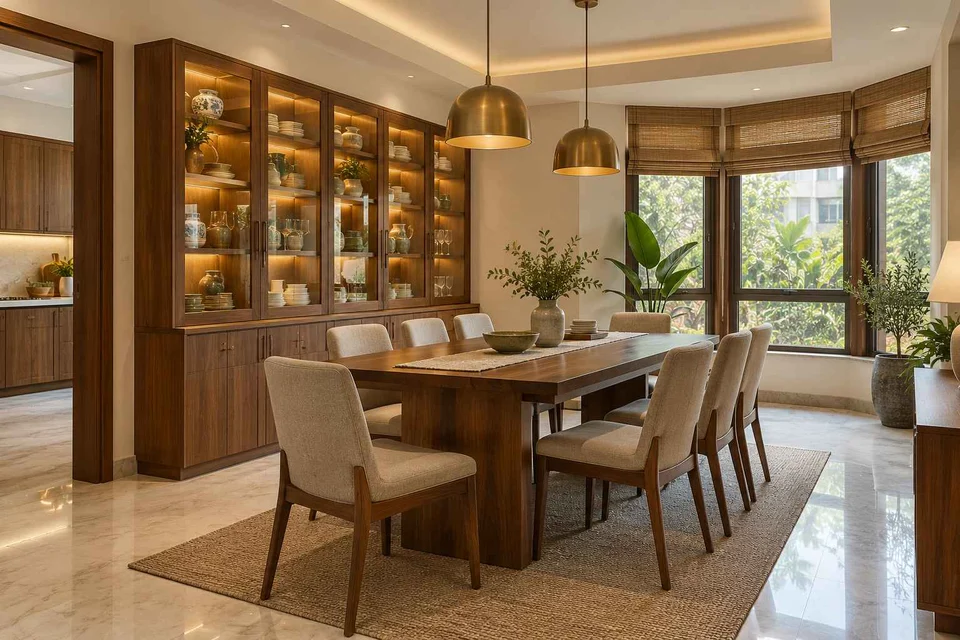 AI-generated dining-room concept: angled-bay dining, crockery collection display direction