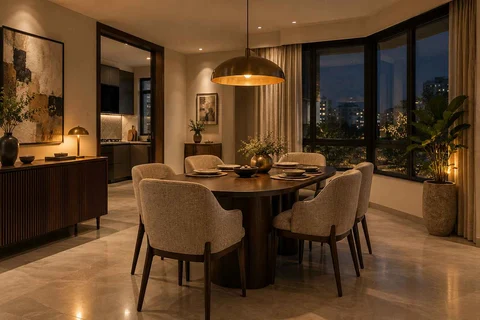 AI-generated dining-room concept: angled-bay dining, evening candleless dinner direction