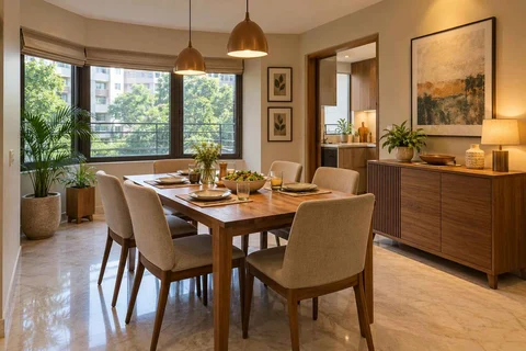 AI-generated dining-room concept: angled-bay dining, everyday family supper direction