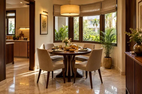 AI-generated dining-room concept: angled-bay dining, festival meal preparation direction