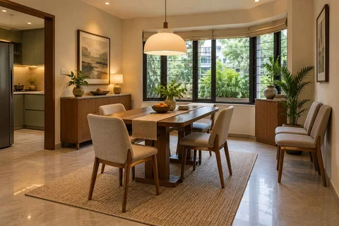 AI-generated dining-room concept: angled-bay dining, flexible extra seats direction