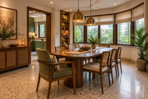 AI-generated dining-room concept: angled-bay dining, grandparents and grandchildren direction