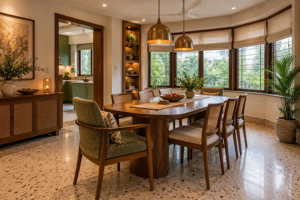 AI-generated dining-room concept: angled-bay dining, grandparents and grandchildren direction