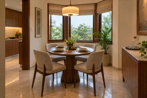 AI-generated dining-room concept: angled-bay dining, guest welcome meal direction