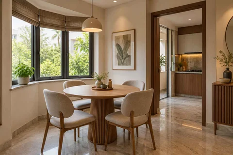 AI-generated dining-room concept: angled-bay dining, homegrown herb table direction