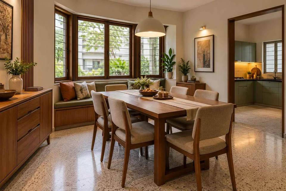 AI-generated dining-room concept: angled-bay dining, homework-to-dinner transition direction