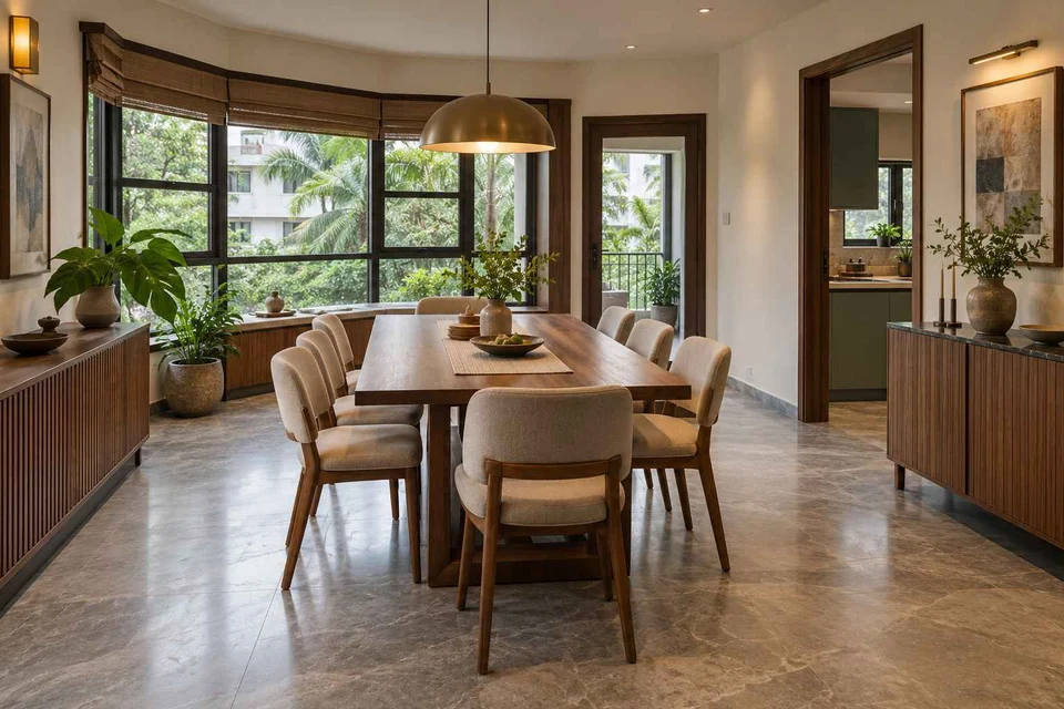 AI-generated dining-room concept: angled-bay dining, monsoon lunch light direction