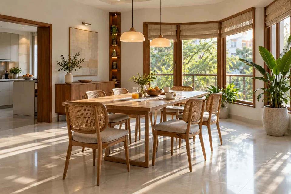 AI-generated dining-room concept: angled-bay dining, morning breakfast rhythm direction