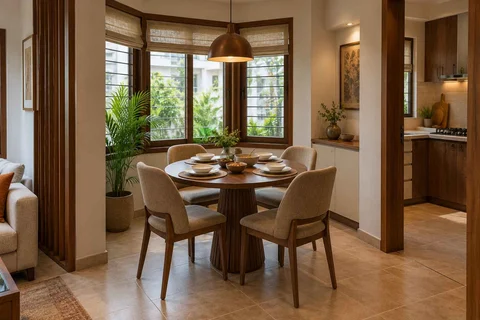 AI-generated dining-room concept: angled-bay dining, serving bowl sharing direction