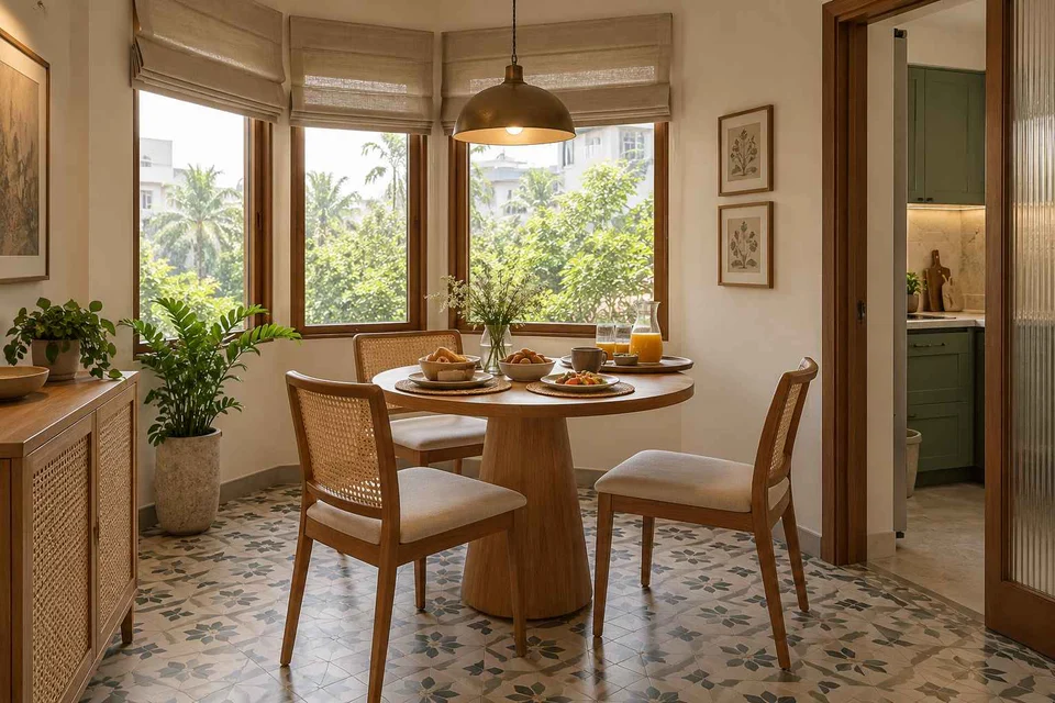 AI-generated dining-room concept: angled-bay dining, slow weekend brunch direction