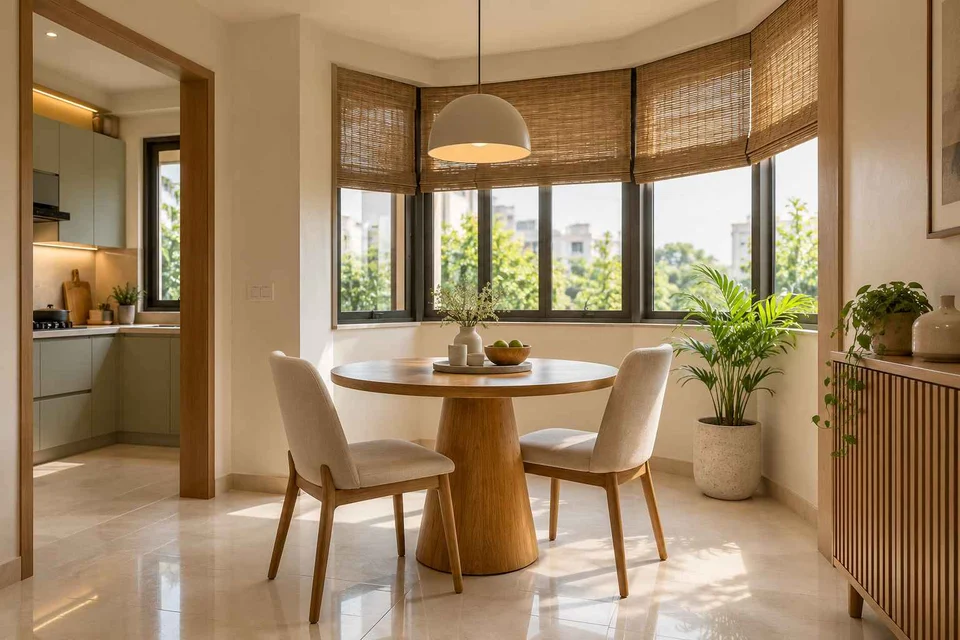 AI-generated dining-room concept: angled-bay dining, summer-airiness dining direction