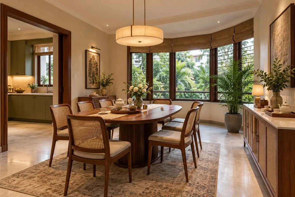AI-generated dining-room concept: angled-bay dining, tea with friends direction