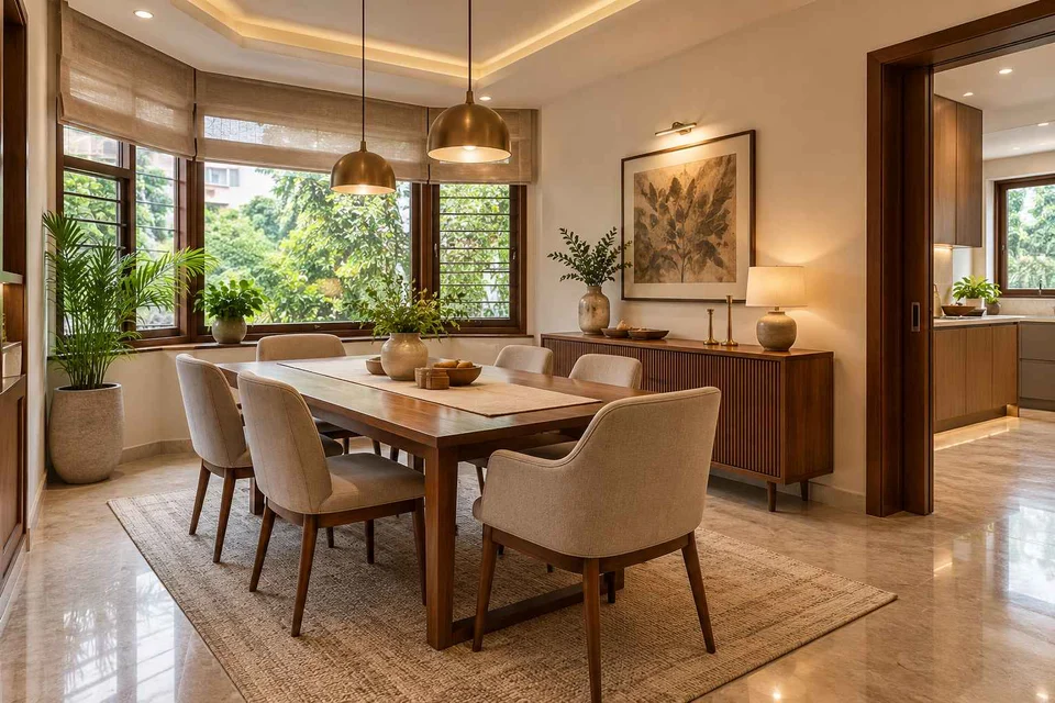 AI-generated dining-room concept: angled-bay dining, visiting-parents meal direction