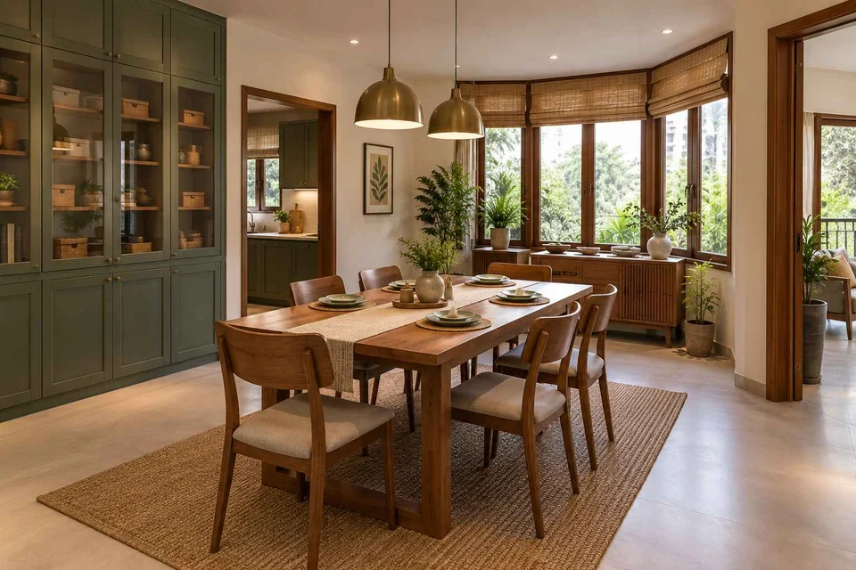 AI-generated dining-room concept: angled-bay dining, weekend craft-to-meal reset direction
