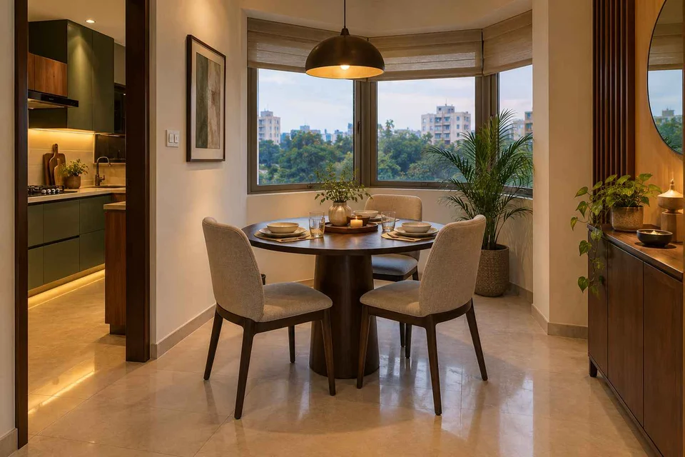 AI-generated dining-room concept: angled-bay dining, weeknight compact hosting direction