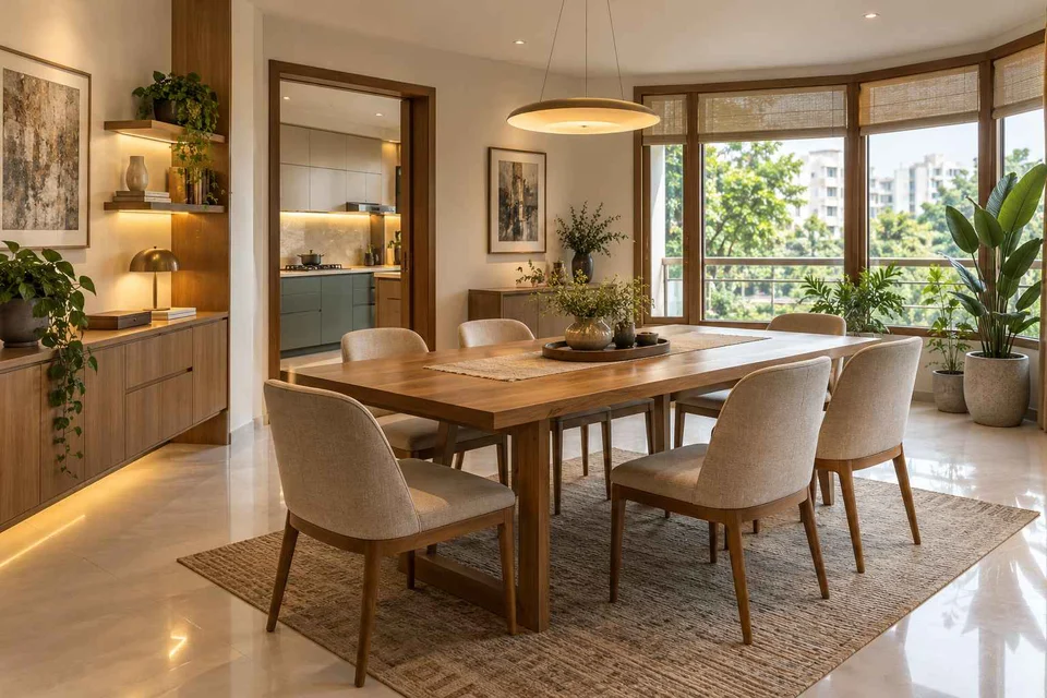 AI-generated dining-room concept: angled-bay dining, work-from-home reset direction