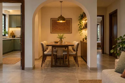 AI-generated dining-room concept: arched-alcove dining, adaptable everyday dining direction