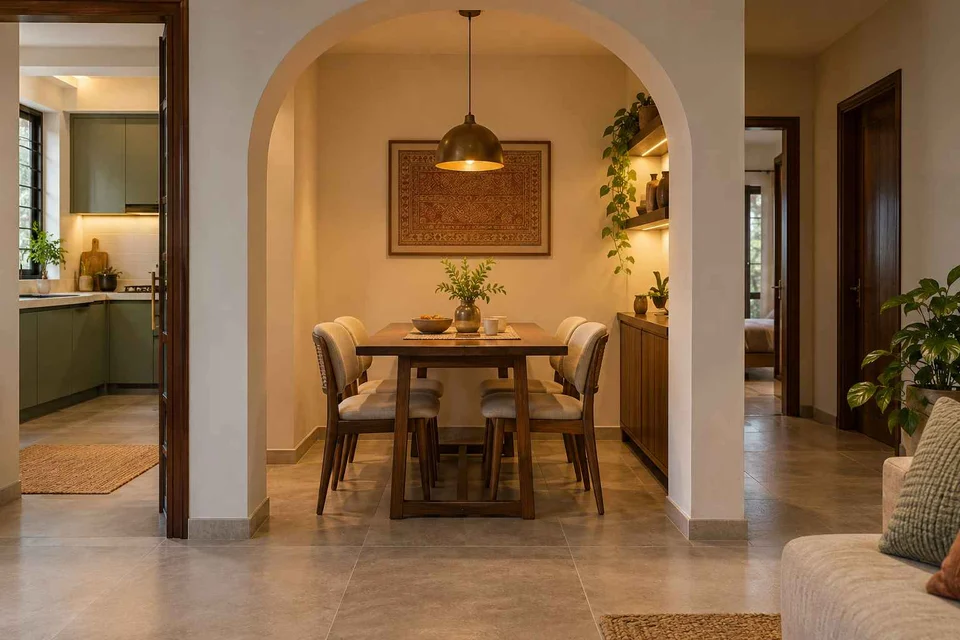 AI-generated dining-room concept: arched-alcove dining, adaptable everyday dining direction