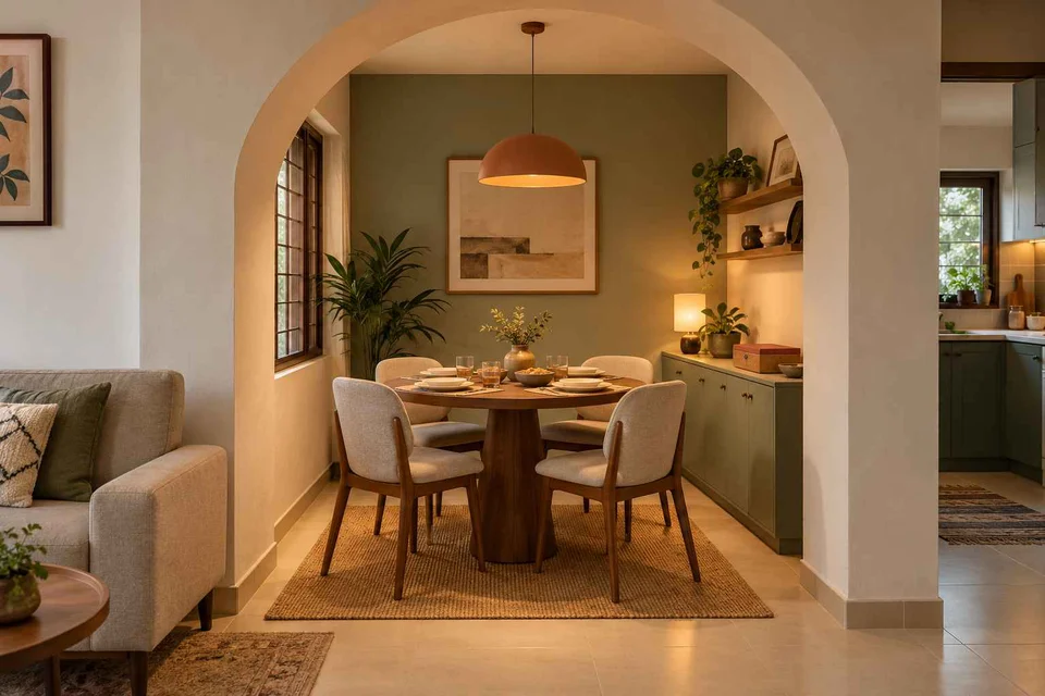 AI-generated dining-room concept: arched-alcove dining, board-game supper direction
