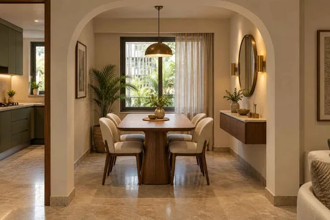 AI-generated dining-room concept: arched-alcove dining, buffet-side gathering direction