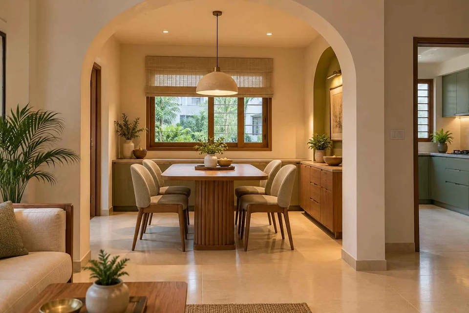 AI-generated dining-room concept: arched-alcove dining, children's everyday meals direction
