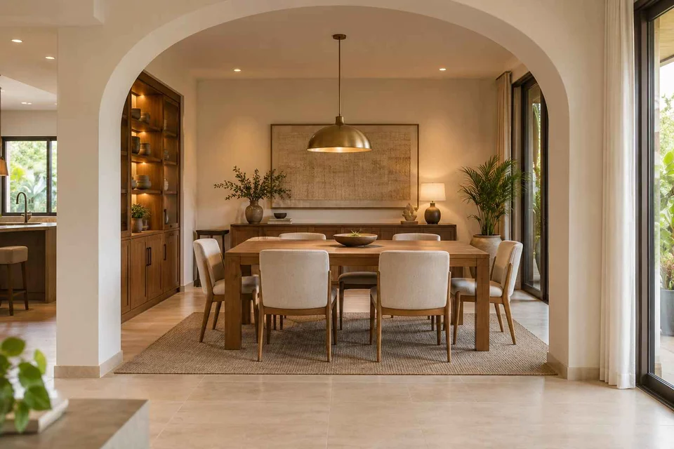 AI-generated dining-room concept: arched-alcove dining, clear-table daily reset direction