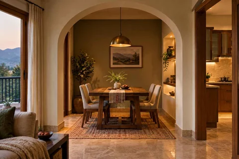 AI-generated dining-room concept: arched-alcove dining, cool-season family table direction