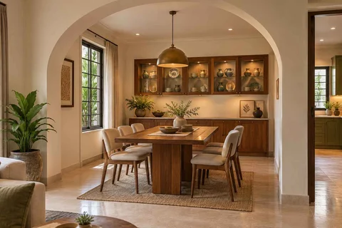 AI-generated dining-room concept: arched-alcove dining, crockery collection display direction