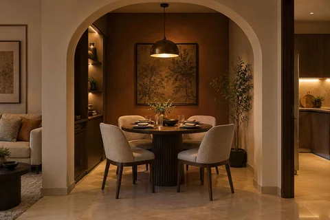 AI-generated dining-room concept: arched-alcove dining, evening candleless dinner direction