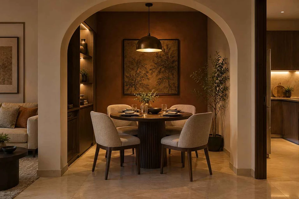 AI-generated dining-room concept: arched-alcove dining, evening candleless dinner direction