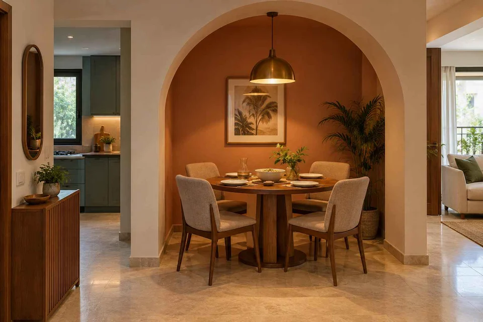AI-generated dining-room concept: arched-alcove dining, everyday family supper direction