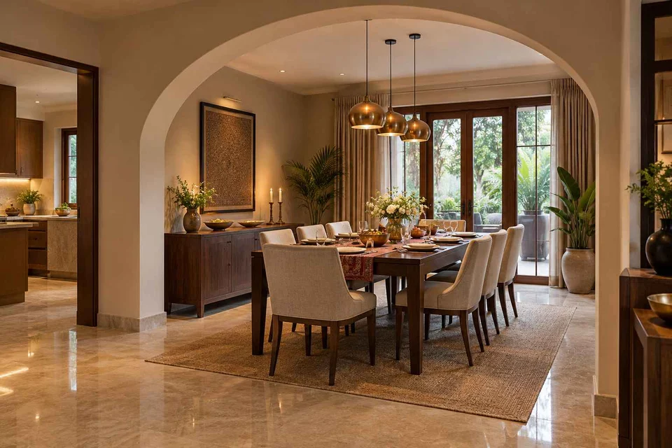AI-generated dining-room concept: arched-alcove dining, festival meal preparation direction