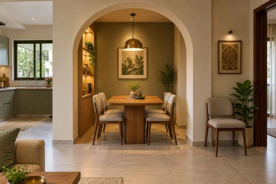 AI-generated dining-room concept: arched-alcove dining, flexible extra seats direction