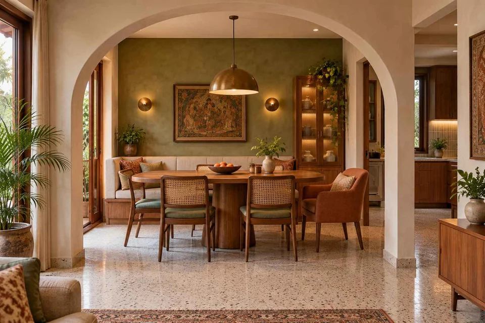 AI-generated dining-room concept: arched-alcove dining, grandparents and grandchildren direction