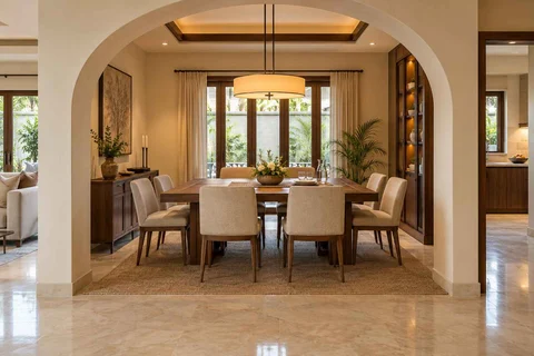 AI-generated dining-room concept: arched-alcove dining, guest welcome meal direction