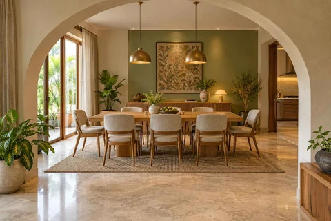 AI-generated dining-room concept: arched-alcove dining, homegrown herb table direction