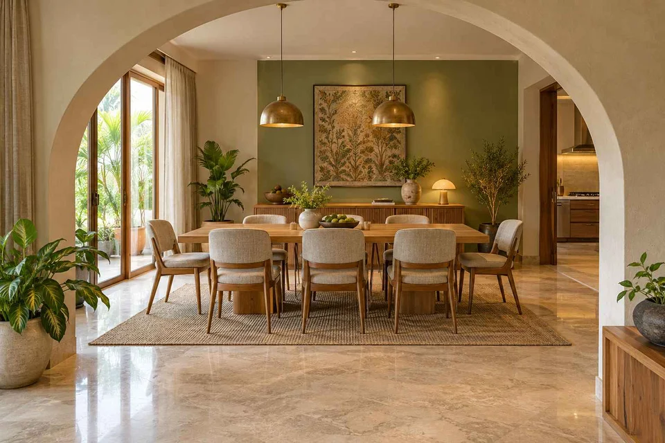 AI-generated dining-room concept: arched-alcove dining, homegrown herb table direction