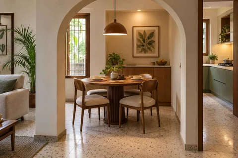 AI-generated dining-room concept: arched-alcove dining, homework-to-dinner transition direction